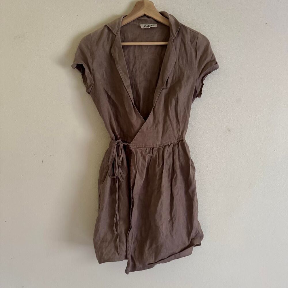Listicle Brown Lagenlook Linen Wrap Cap Sleeve Dress Size Small